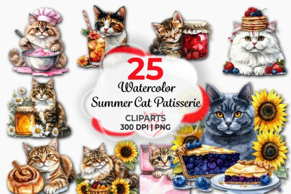Download Summer Cat Patisserie Watercolor Clipart - Premium Resources